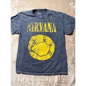 Nirvana Graphic Tee Charcoal Grey Acid Wash Smiley Face Band Tee Retro Size M